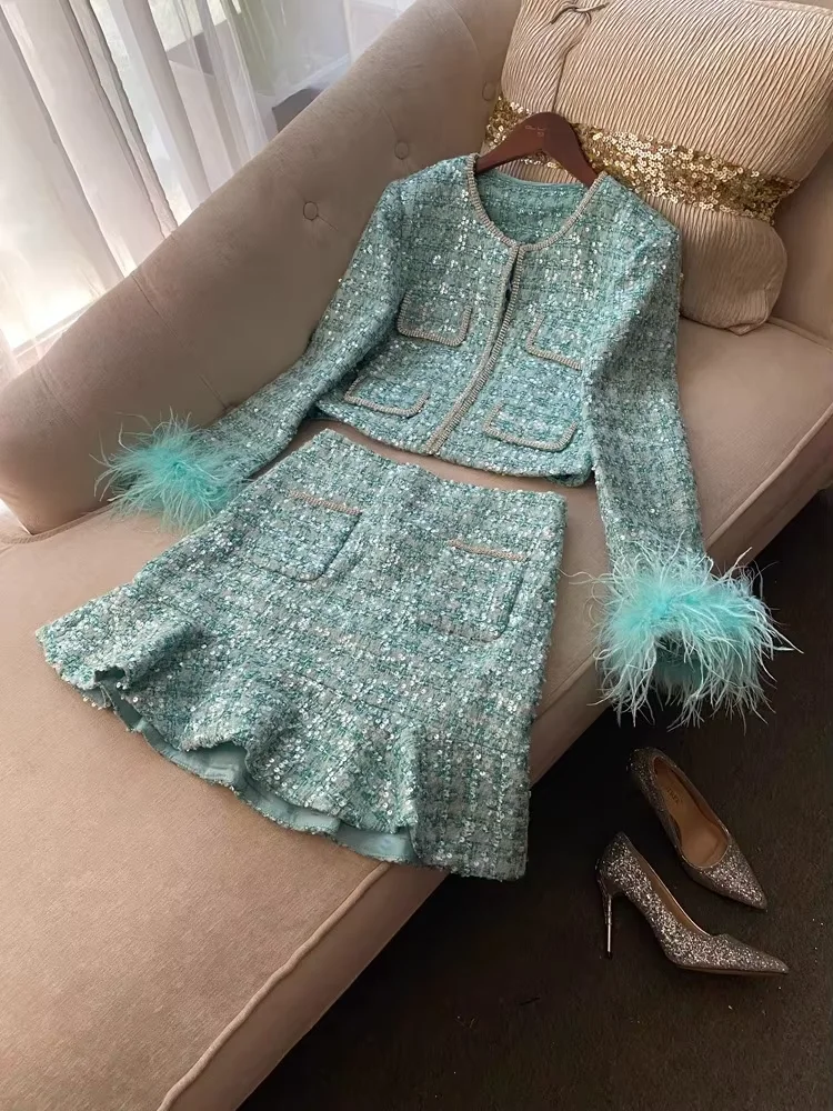 Tweed Green Feather Sleeves Sequin Two Piece Set Women Jackets Coats Fishtail Short Skirts 2pcs Outfits Festival Outfit Women