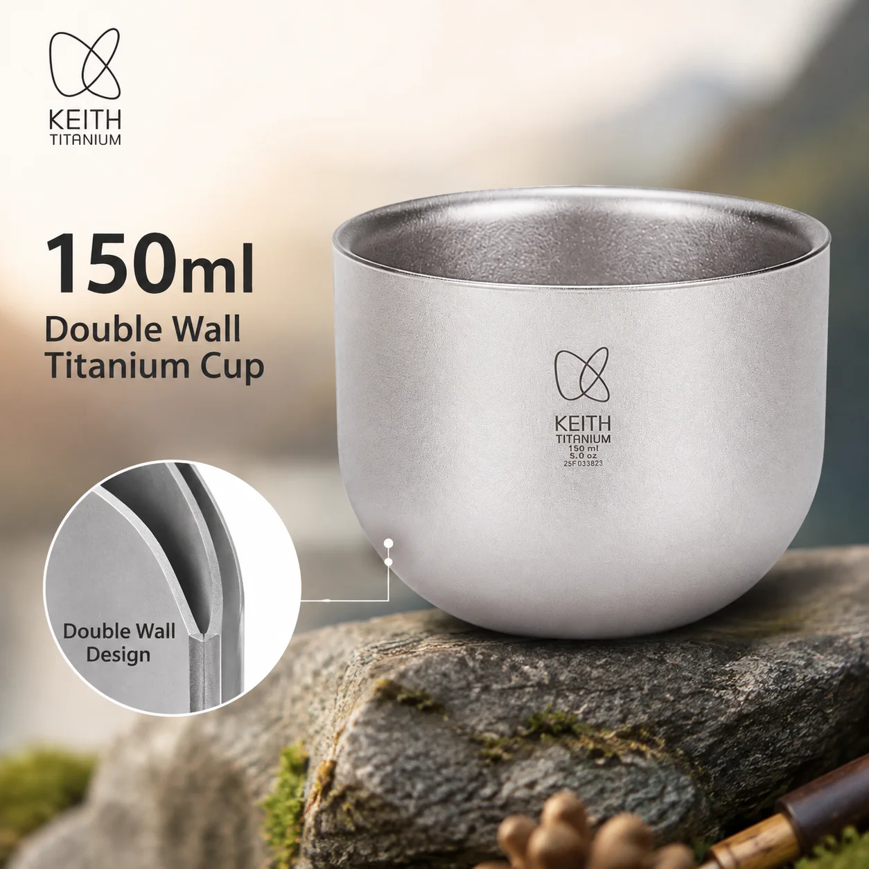 KEITH Pure Titanium Tea Cup 150ml Double Wall Anti-scald Mini  Cup Ultralight Portable Drinking Cup for Camping Travel Home use