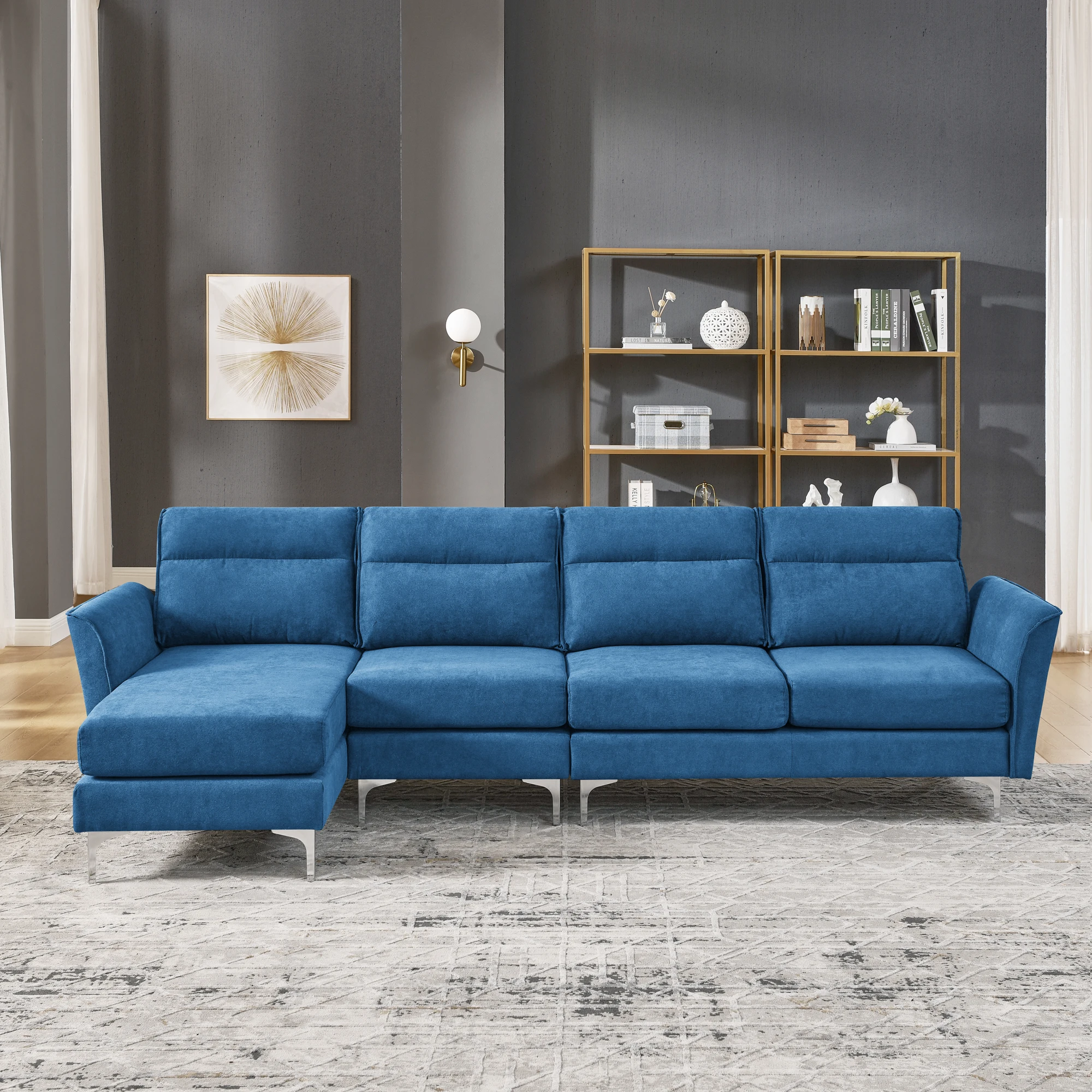 Modern sofa, 3 seater, stainless steel trim and metal legs, suitable for living room, new packaging compression technology, navy