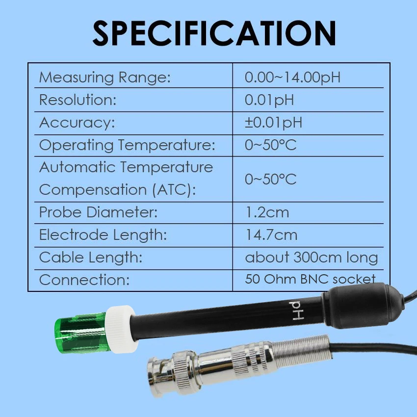 0-14 pH Electrode Probe BNC Connector, 300cm Cable for PH Meter Monitor Controller for Aquarium Hydroponics Plant Pool Spa