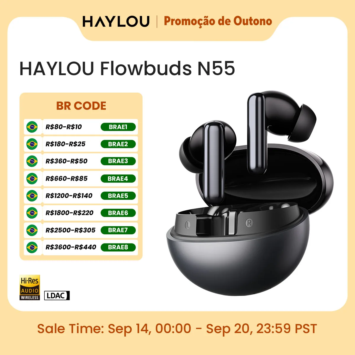 Fones de Ouvido Sem Fio HAYLOU Flowbuds N55 com ANC Adaptativo de 54dB, Bluetooth 6.0, Áudio Hi-Res LDAC, Chamadas HD com 6 Microfones, 40 Horas de Reprodução, IPX5
