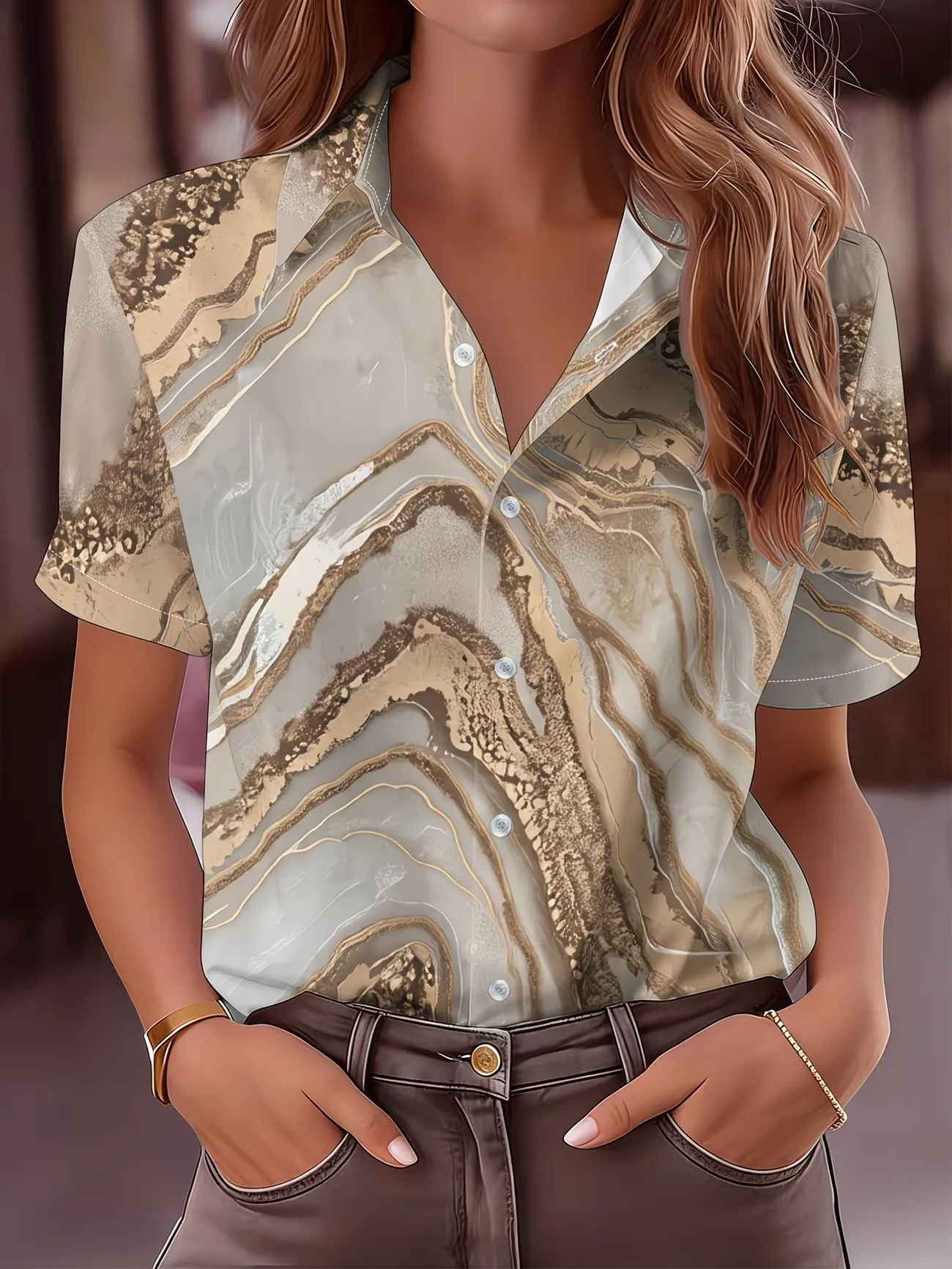 Ladies Summer Short Sleeve Shirt 3D Stripe Gradient Print Casual Blouse 2026 New Style Women's Fashion Top