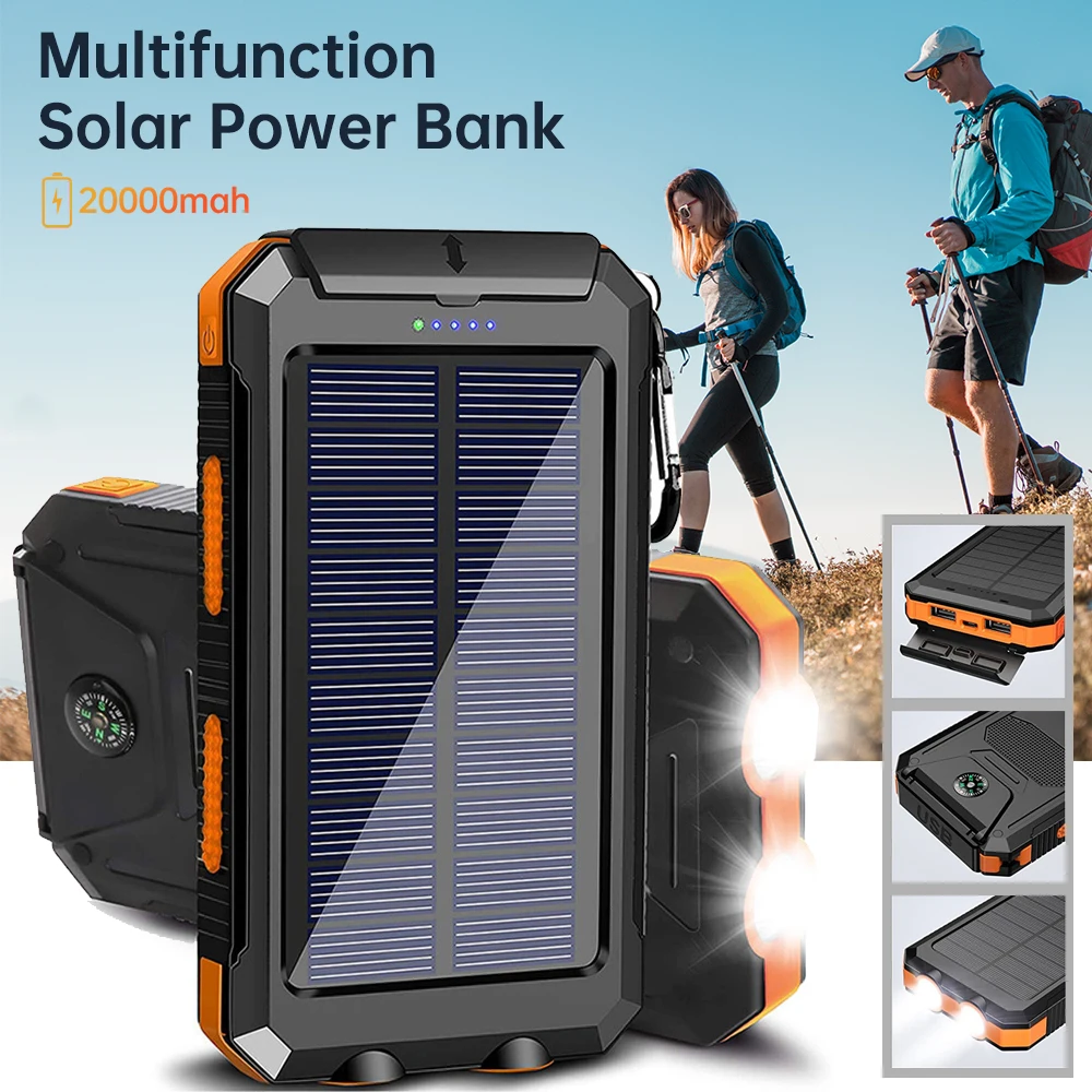 20000mAh المحمولة بنك الطاقة الشمسية التخييم شاحن بطارية خارجي للهواتف المحمولة 2 USB/ مصابيح كاشفة بلمبات LED شاحن