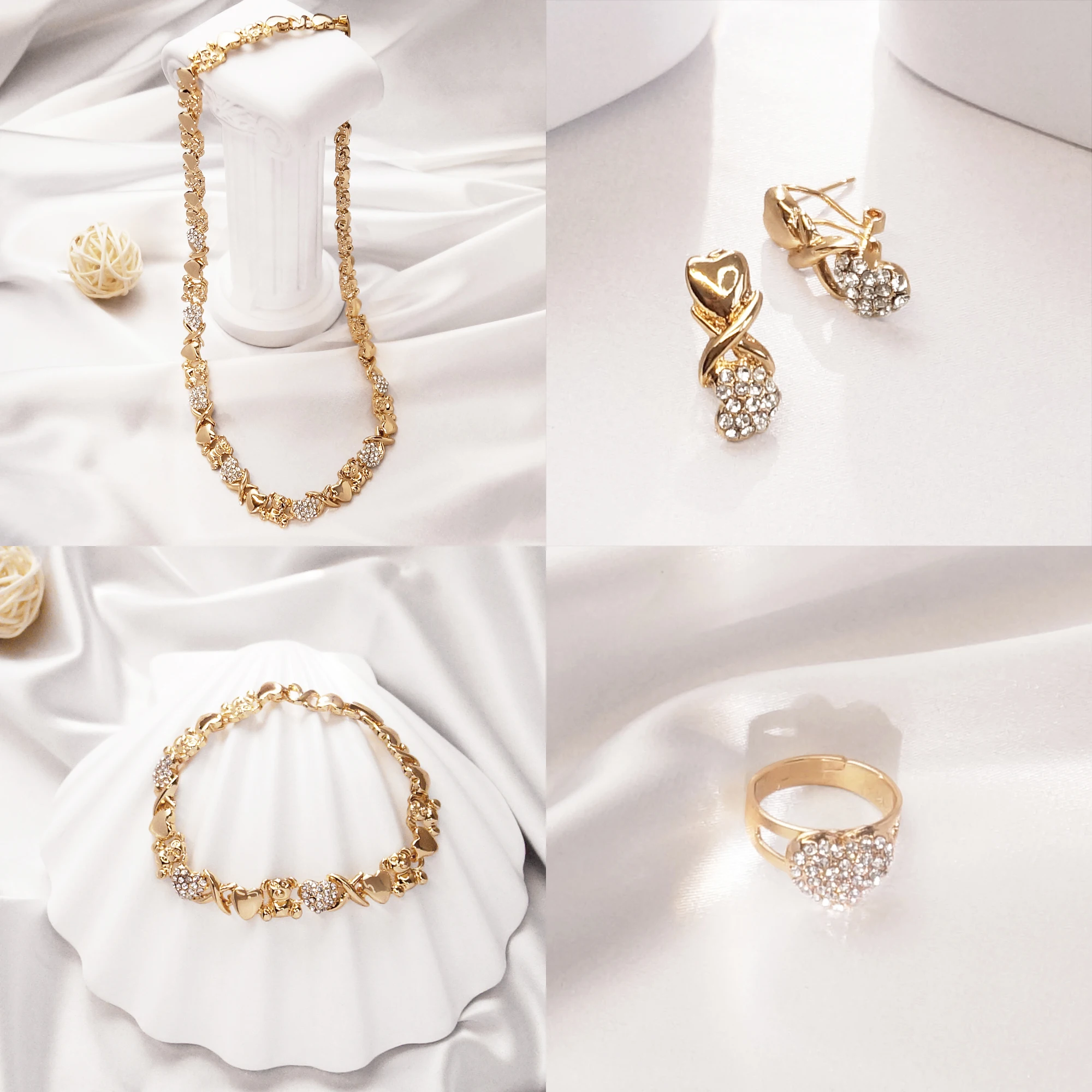 Women Gold Color Jewelry Set 18K Gold Plated Necklace Set Wedding Bridal Fashion Bear Necklace Earrings Ring Heart Shaped Gift