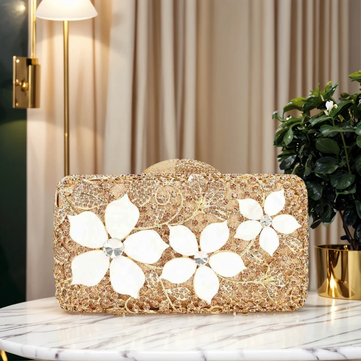 

Women Elegant Floral Pattern Rhinestone Evening Bag Sparkling Flower Crystal Clutch Luxury Diamond Handbag for Prom Cocktail