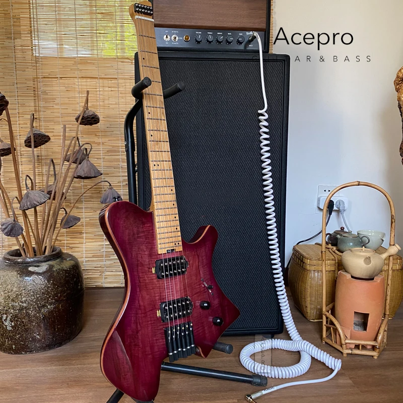 Acepro Headless Electric Guitar,  Gloss Purple Koa Top, 24F Stainless Steel Frets, Roasted Maple Neck, Black Hardware, Guitarra