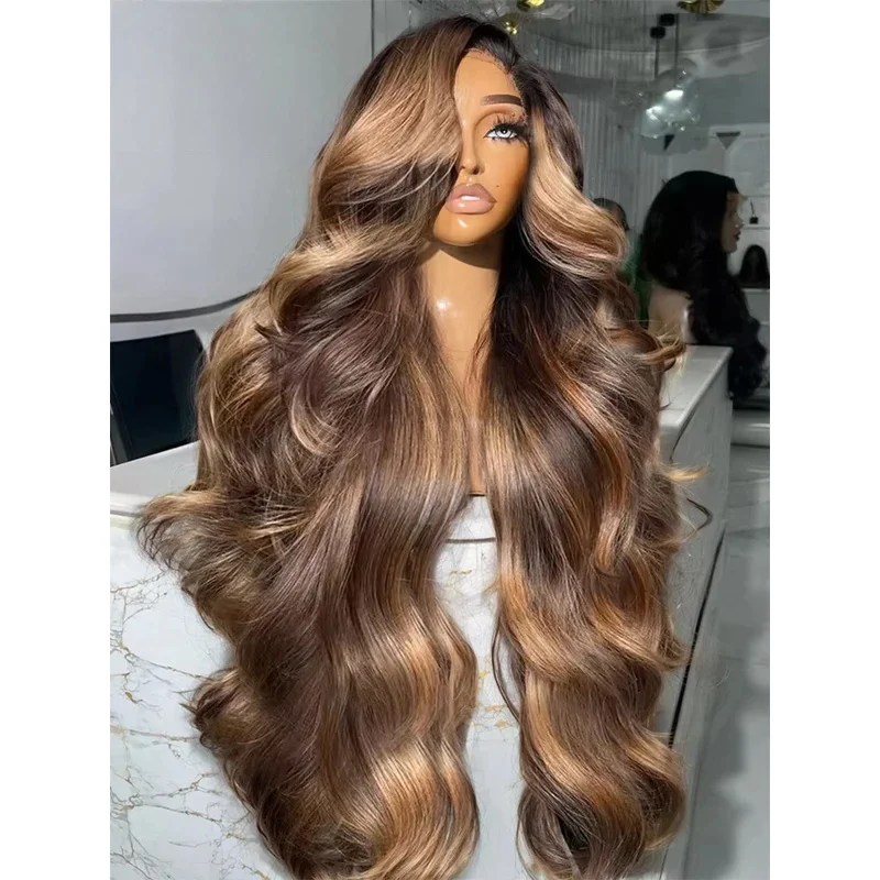 Highlight Ombre 13x4 Lace Front Wig Human Hair Honey Blonde P4/27 Body Wave Lace Frontal Wig 230% Density Human Hair 30Inch Wigs