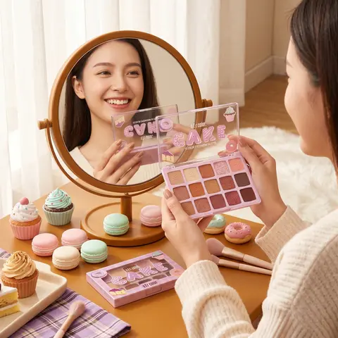15 Shades Cake Theme Eyeshadow Palette, Matte Shimmer Glitter Pink Warm Neutral Eye Shadow Powder, Blendable Highly Pigmented Daily Sweet Tone Eye Makeup Tray