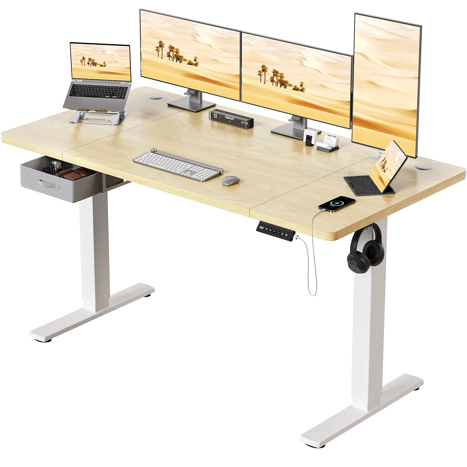 Devoko in hoogte verstelbaar bureau 160x80cm bureau in hoogte verstelbaar met laden USB-A oplaadpoort Computer