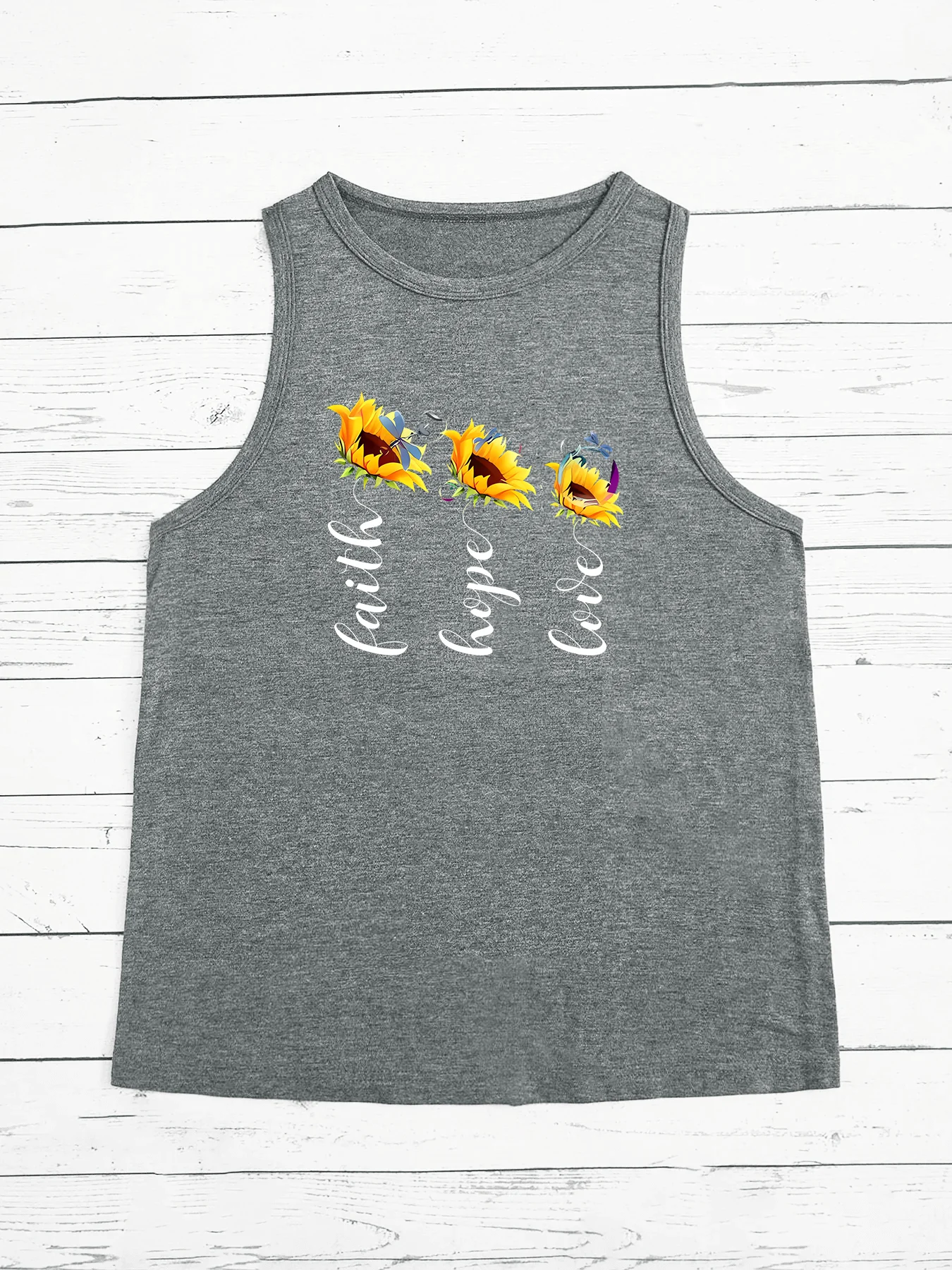 Peace Freedom Faith Sunflower Lettering Print Fashion Funny Sports Women's Tank Top Loose O Neck Sleeveless Casual Tank