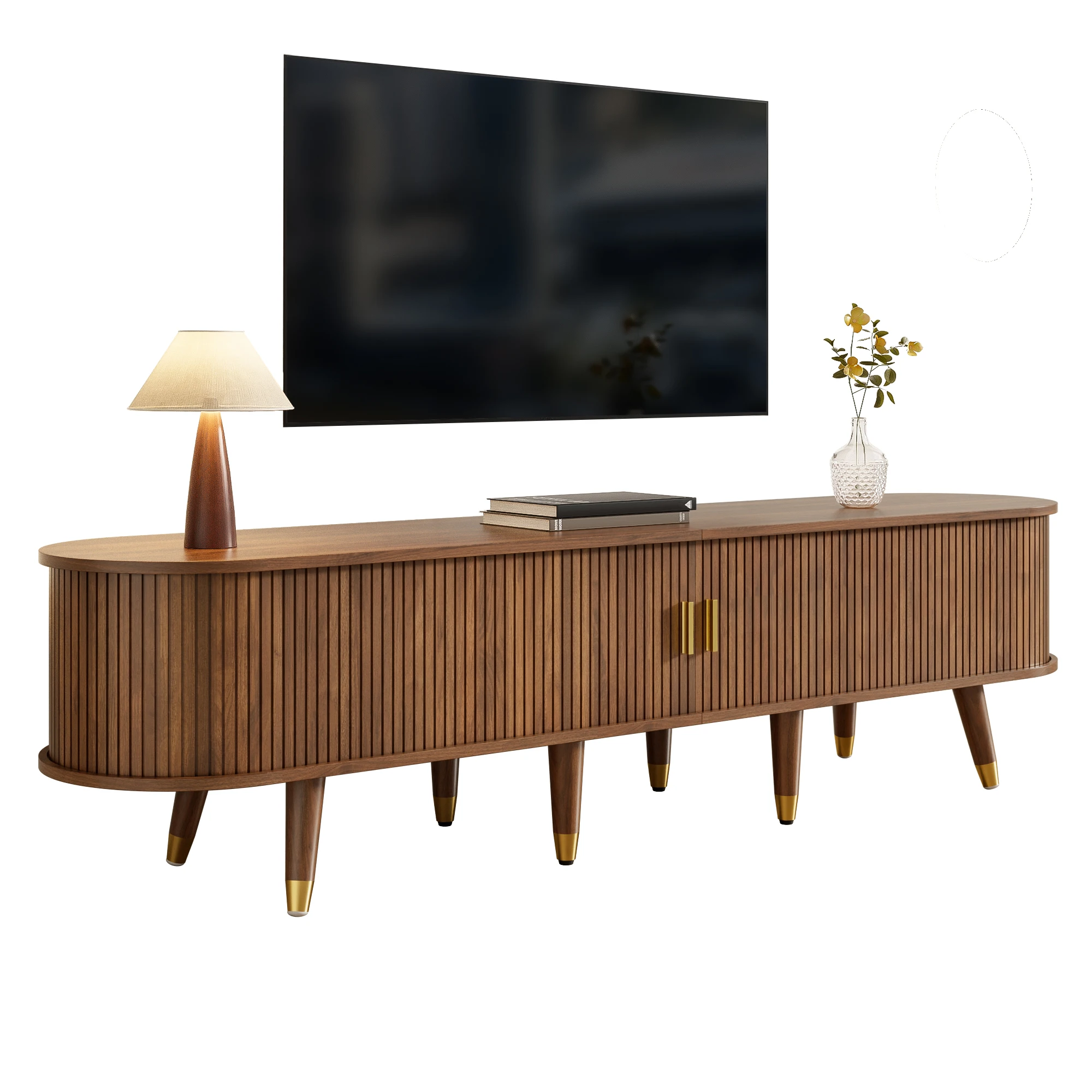 Armoire TV 175 cm avec porte coulissante en rotin, look noyer et beaucoup de rangement-table TV à compartiment ouvert en MDF de style campagnard
