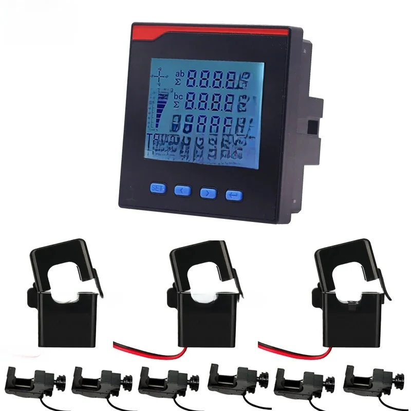 Compteur de puissance triphasé, tension d'ampère, kwh, watt, var, fréquence du facteur de puissance, LCD, multifonction, avec capteur de pince ampère CT