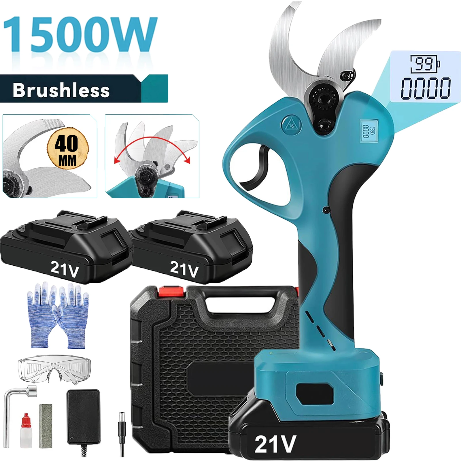 Tijeras de podar eléctricas sin escobillas de 1500W, podadora inalámbrica de 40mm, herramienta cortadora de ramas de árboles frutales para jardín, batería Makita de 21V