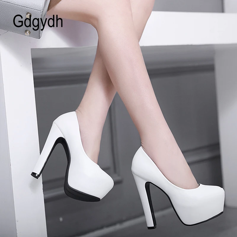 Gdgydh Womens Platform High Heels Shoes Slip On Stilettos Heel Leather PU Round Toe Black and White Classic Party Footwear