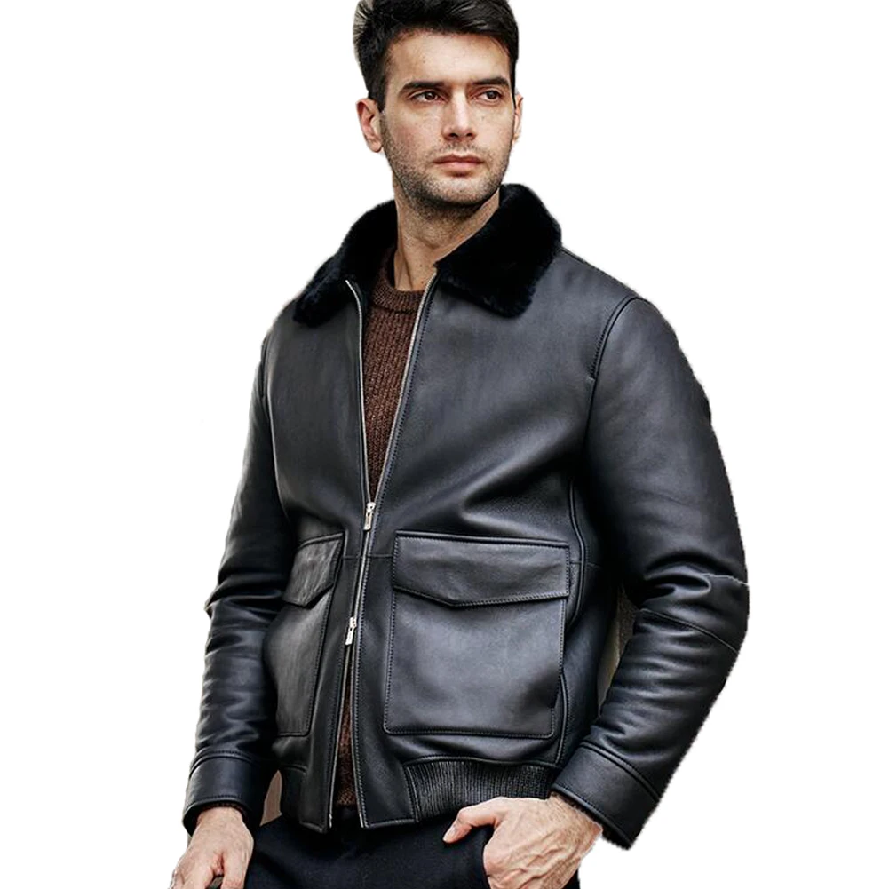 

Denny&Dora Mens Shearling Jacket Turkey Imported Lapel Shearling Leather Coat Men Short Pilots Jacket