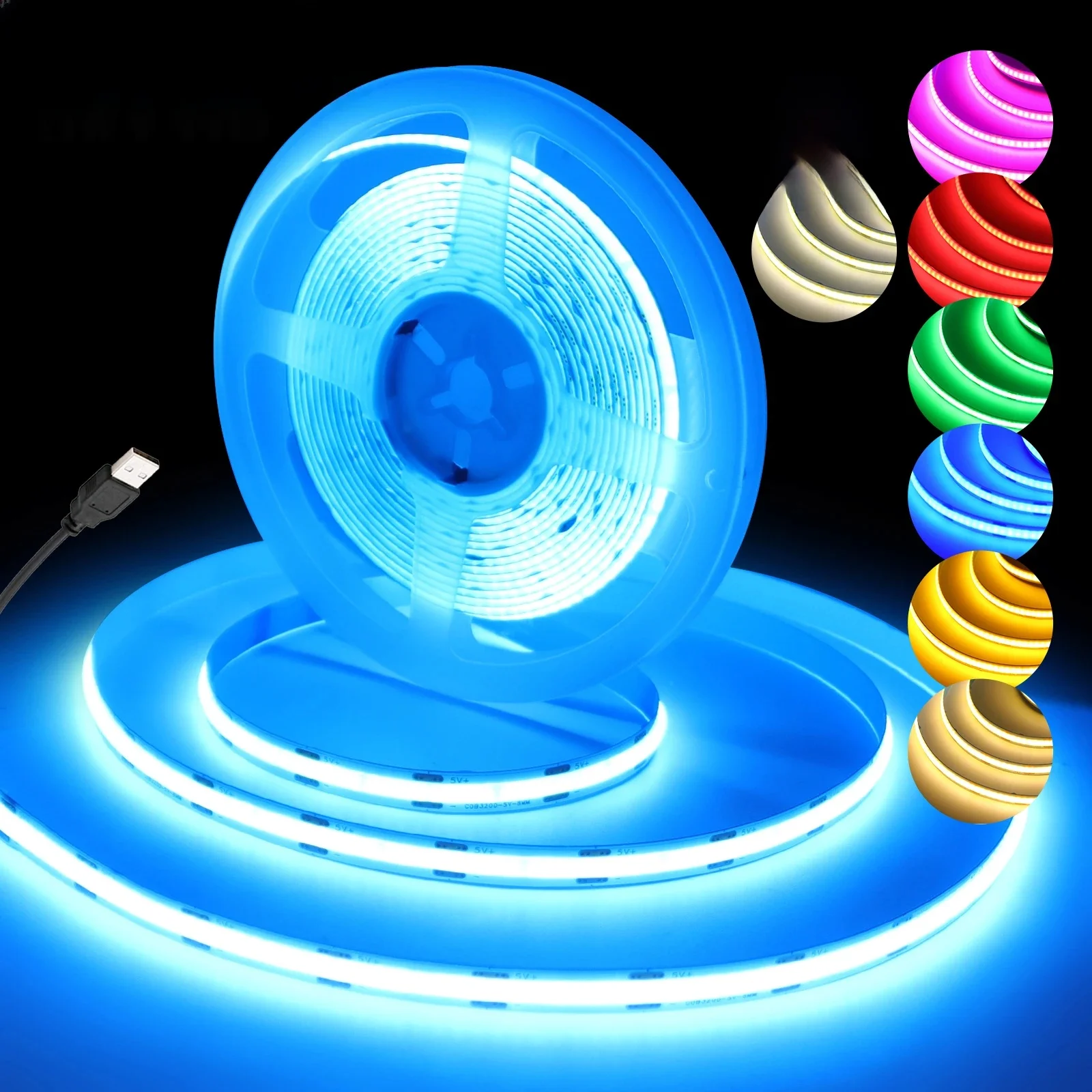Nouveau USB COB bande lumineuse 5V 320Led/m bleu/blanc/rouge/vert ruban adhésif Flexible éclairage de nuit rétro-éclairage TV décor à la maison 3M 5M