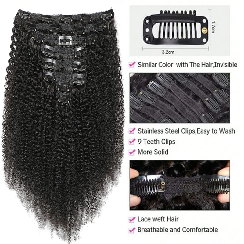 Afro klip rambut manusia ekstensi 100% rambut manusia ekstensi alami Remy Brasil mulus klip dalam rambut manusia tenunan untuk wanita