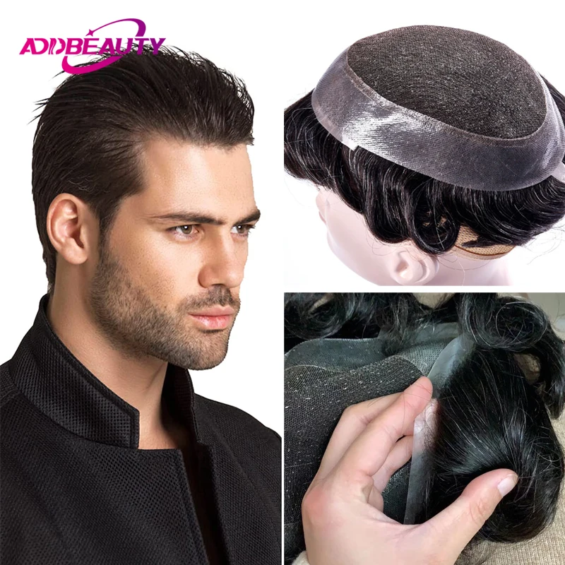 Male Toupee Lace PU Natural Wig 30mm Wave Straight Indian Human Hair Wig Men Capillary Prosthesis With Knot Hair System Hairline