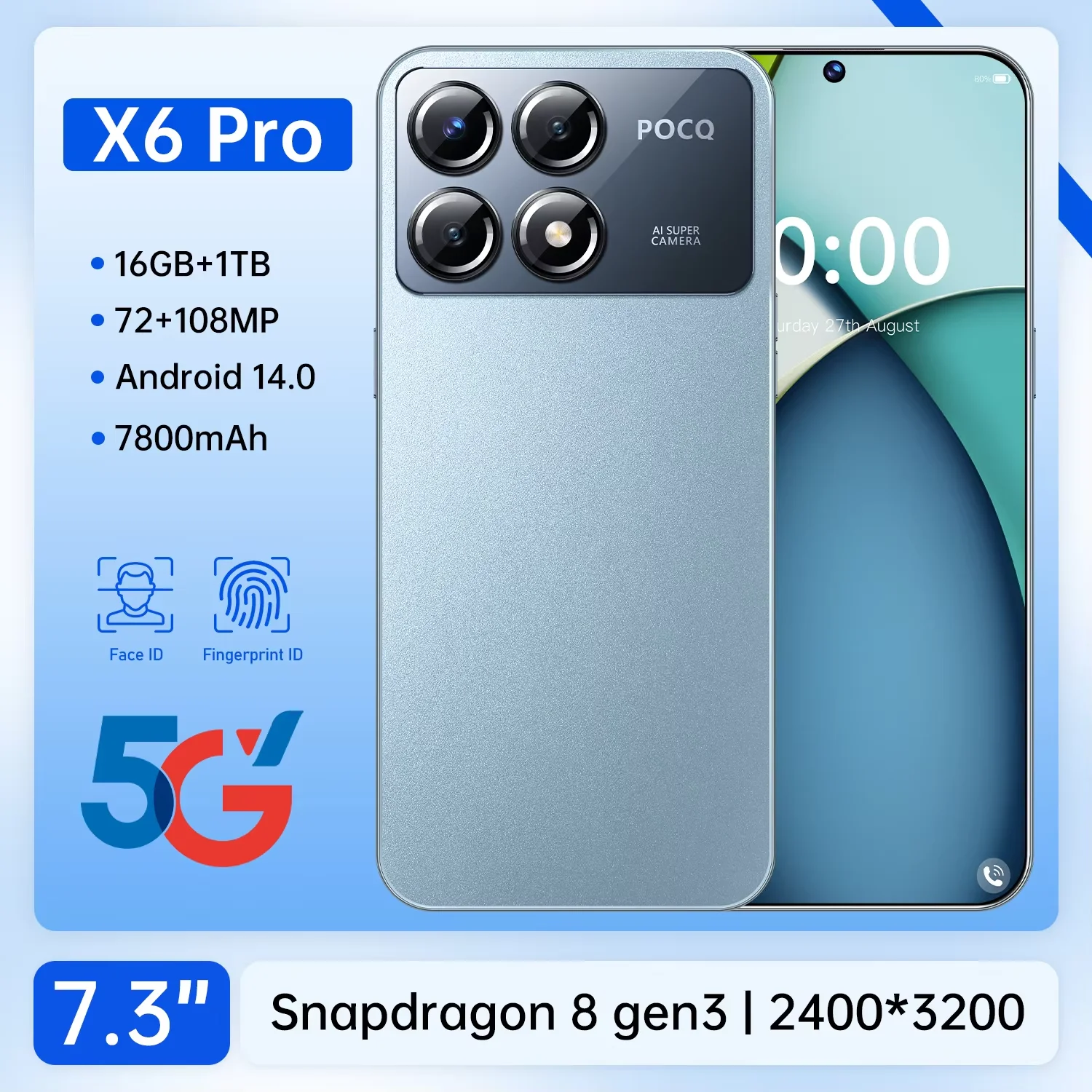 

2024 New X6 Pro Smartphone 7.3 inch Full Screen 4G/5G Cell Phone 16TB+1TB 7800mAh Mobile Phones 108MP Global Version Celulares