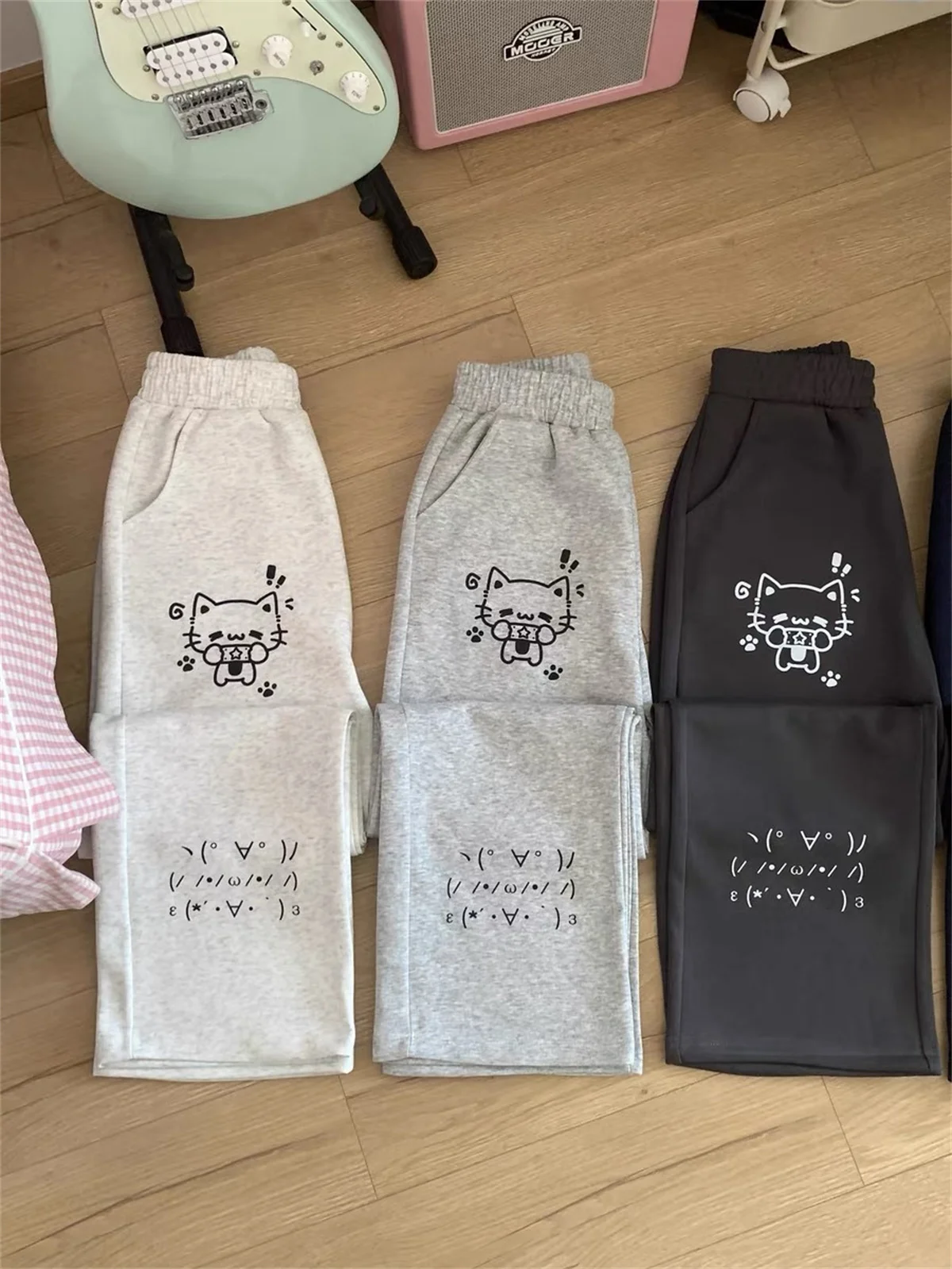 일본 와이드 레그 카고 팬츠 여성 만화 프린트 프레피 스타일 팬탈로네스 무헤르 Y2K 에스테틱 그런지 포켓 조거 팬츠 스웨트팬츠