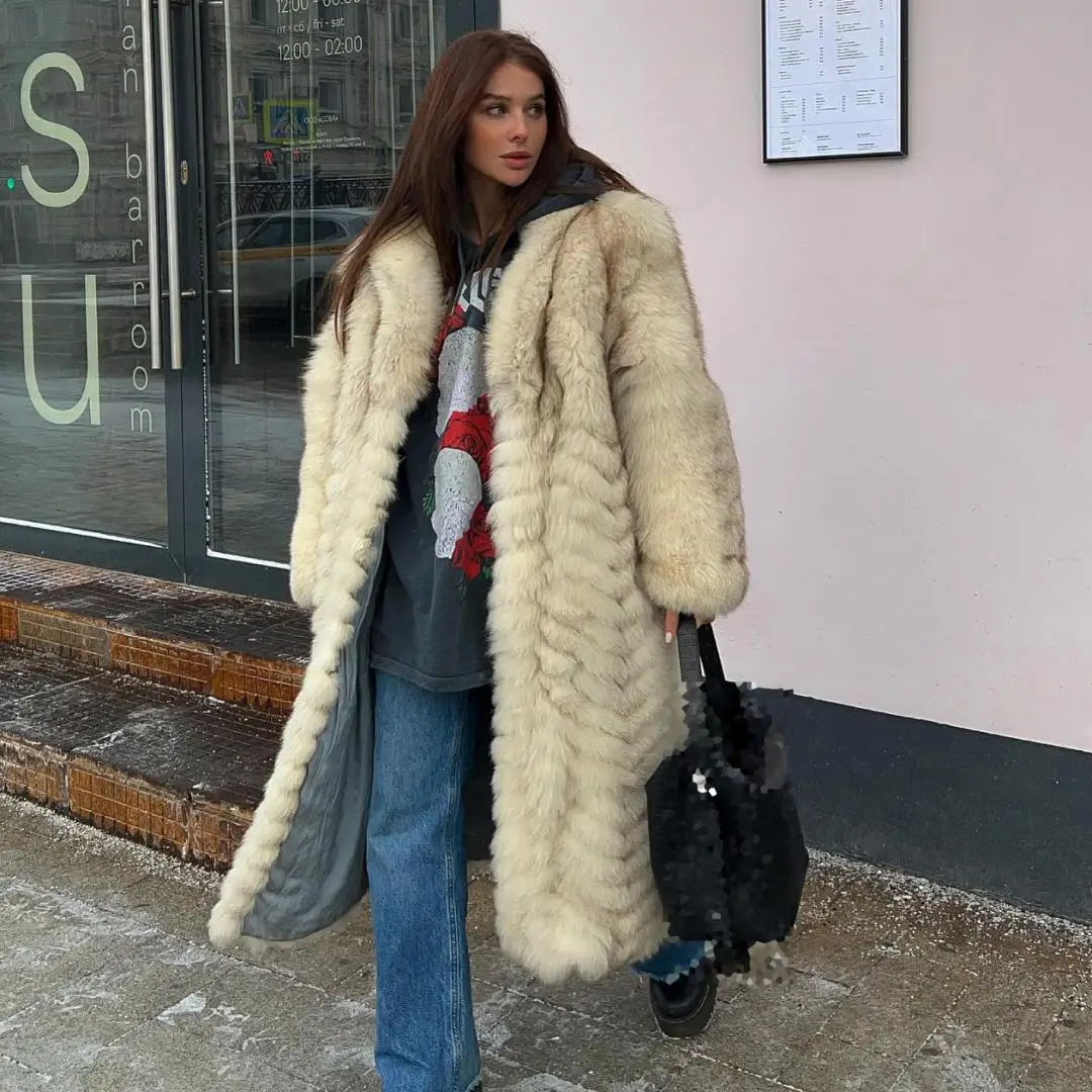 

120cm Long Fox Fur Coat Lapel Collar High Strret Women Genuine Full Pelt Fox Fur Coats Outwear Luxury Woman Natural Fur Overcoat