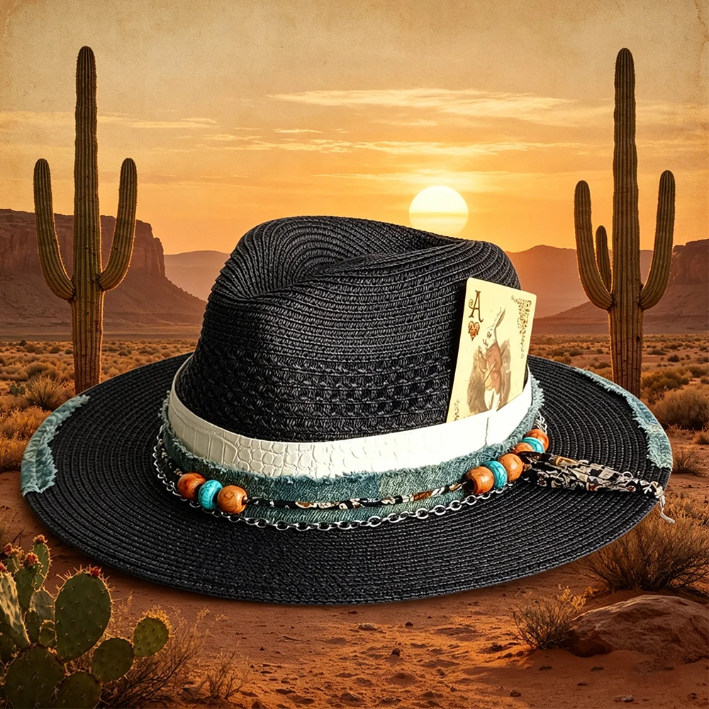 

Black straw summer hat withdistresseddenimbrimandbeadedchain detailingBohemianWesternstyleunisexsummersun hatшляпа женскаялетняя