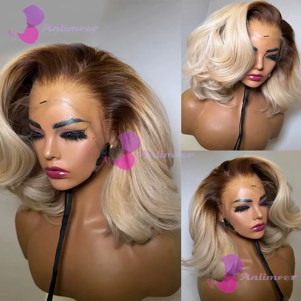 

Коричневый блондин # 4/613 Волнистые короткие парики боб из натуральных волос, предварительно выщипанные бразильские парики фронта шнурка 13x4 с расческами и ремешком, полный парик шнурка