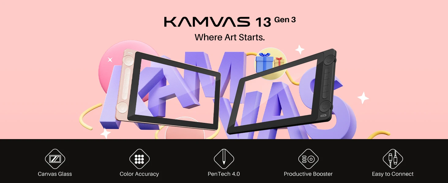 Huion Kamvas 13 (Gen 3) Graphics Tablet with Screen Pentech 4.0 16K Levels Pressure Pen Display Dual Dials 5 Press Keys