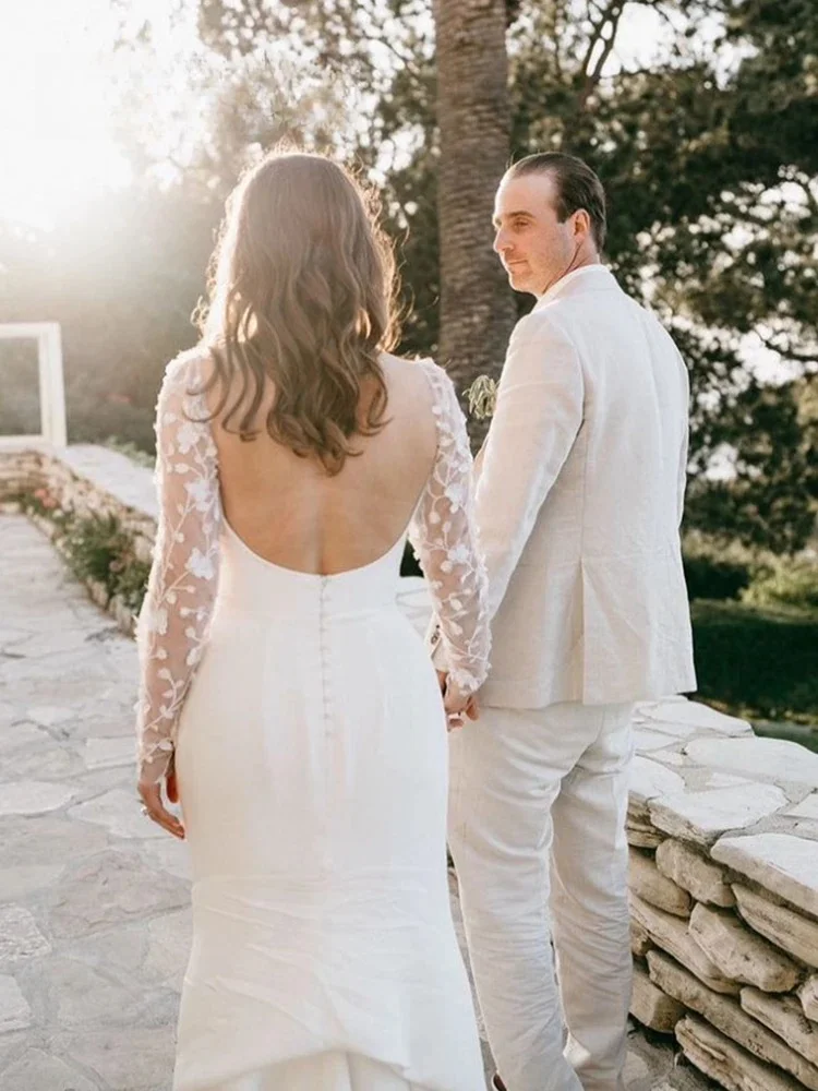 Vestido de novia de sirena de manga larga con apliques de encaje y escote corazón hecho a medida 2025 vestido de novia sin espalda barrido