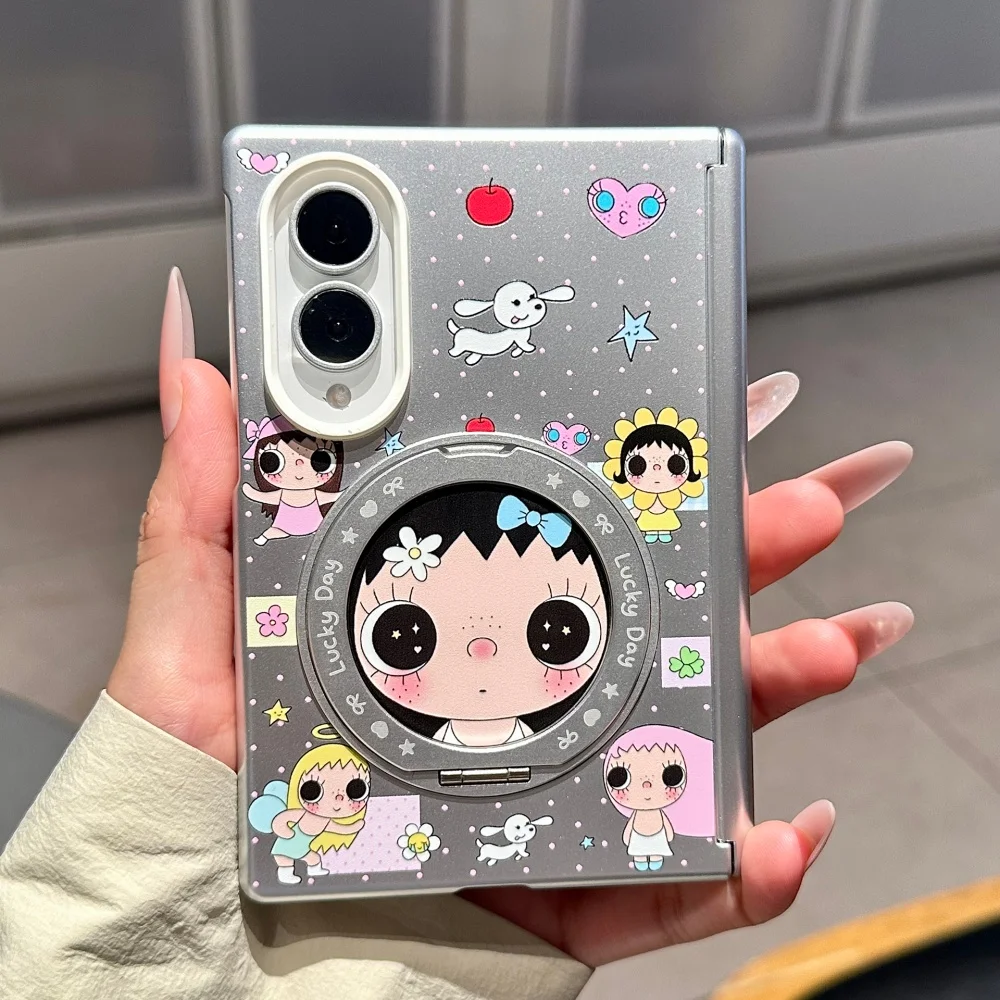 Ins Silver Cartoon Girl Yuyu Phone Case for Samsung Galaxy Z Fold 8 Sweet Anti-drop Protective Cover, with MagSafe Holder Kawaii