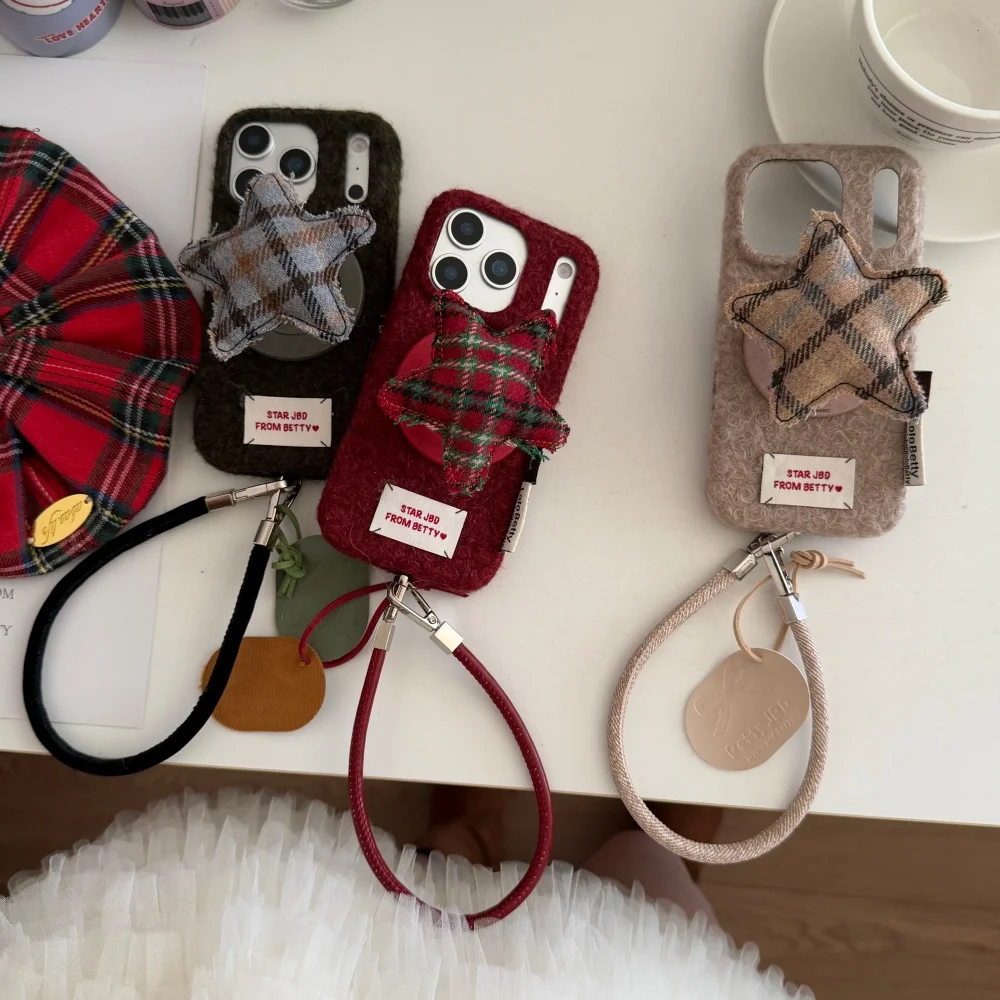 

Plush solid color cute plaid star for magnetic holder mobile case,suitable for iPhone14/15/16/17Pro,shockproof protective case