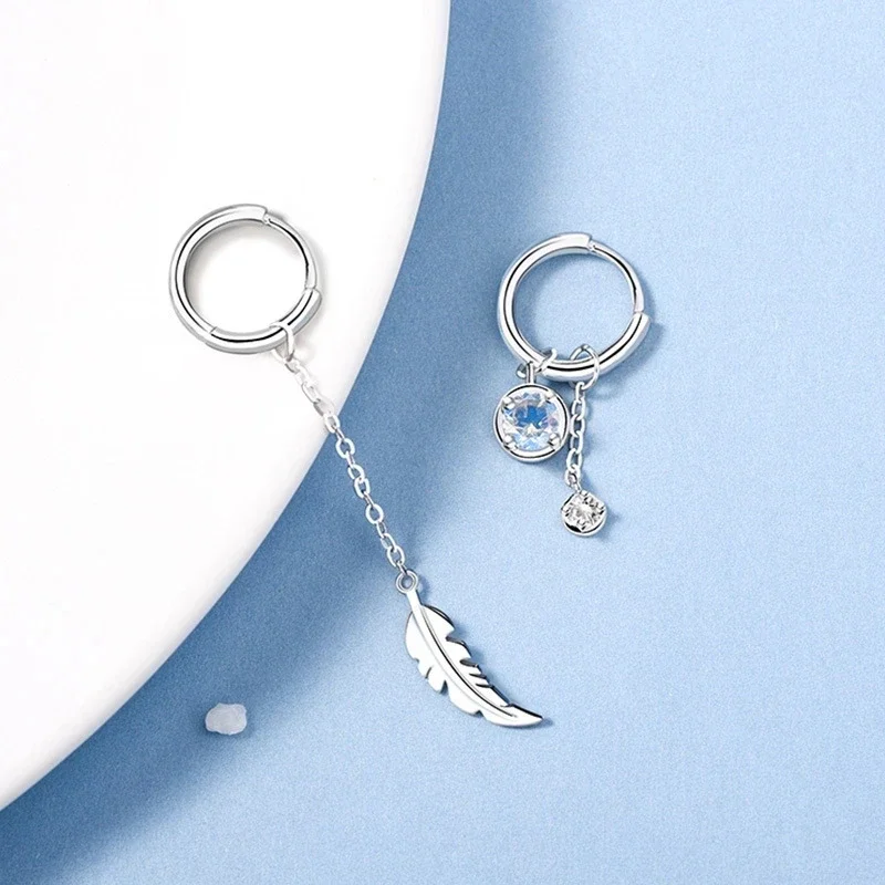 VENTFILLE 925 Sterling Silver asymetryczne kolczyki z piórami biały wisiorek z kamieniem księżycowym kolczyki damskie prezenty ręcznie robiona biżuteria — zdjęcie 2