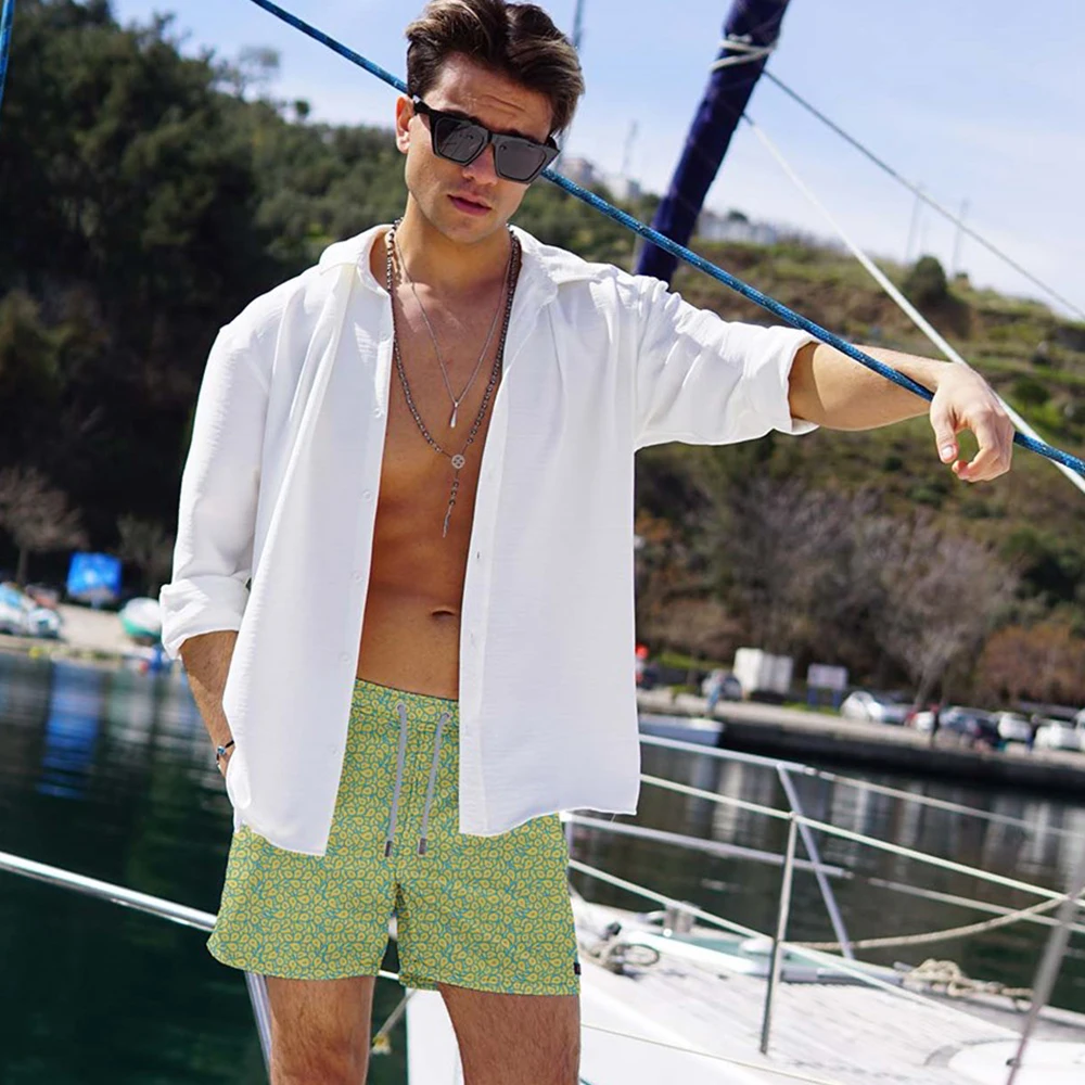 

Water Repellent Featured Quick-Drying Fabric Digital Printed Men 'S Sea Pool Beach Surf Shorts Swimwear Yellow Color
