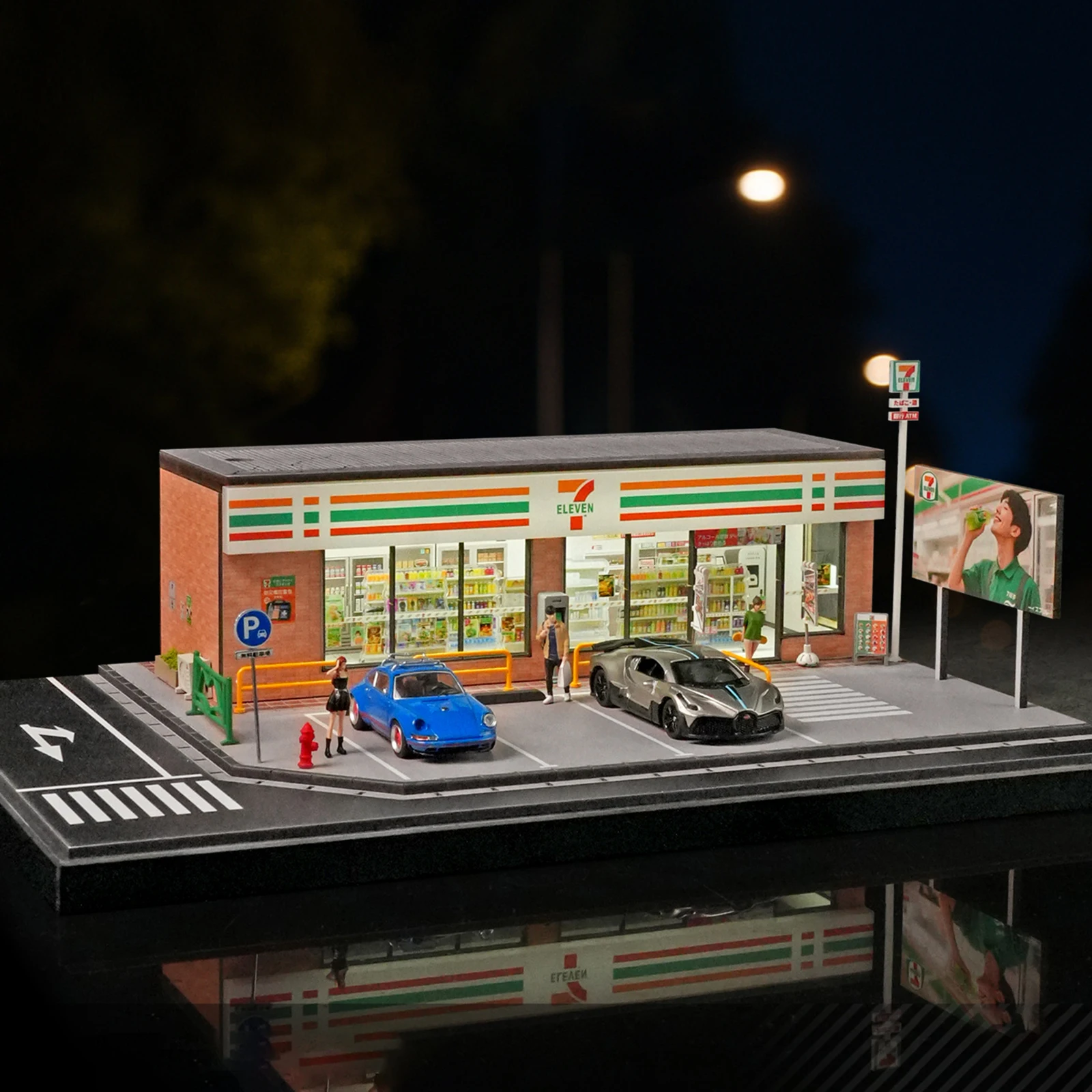 

1/64 масштаб диорамы, модель круглосуточного магазина, литые модели, макет уличных пейзажей, автомобильный дисплей, светодиодный мини-модель здания для гаража