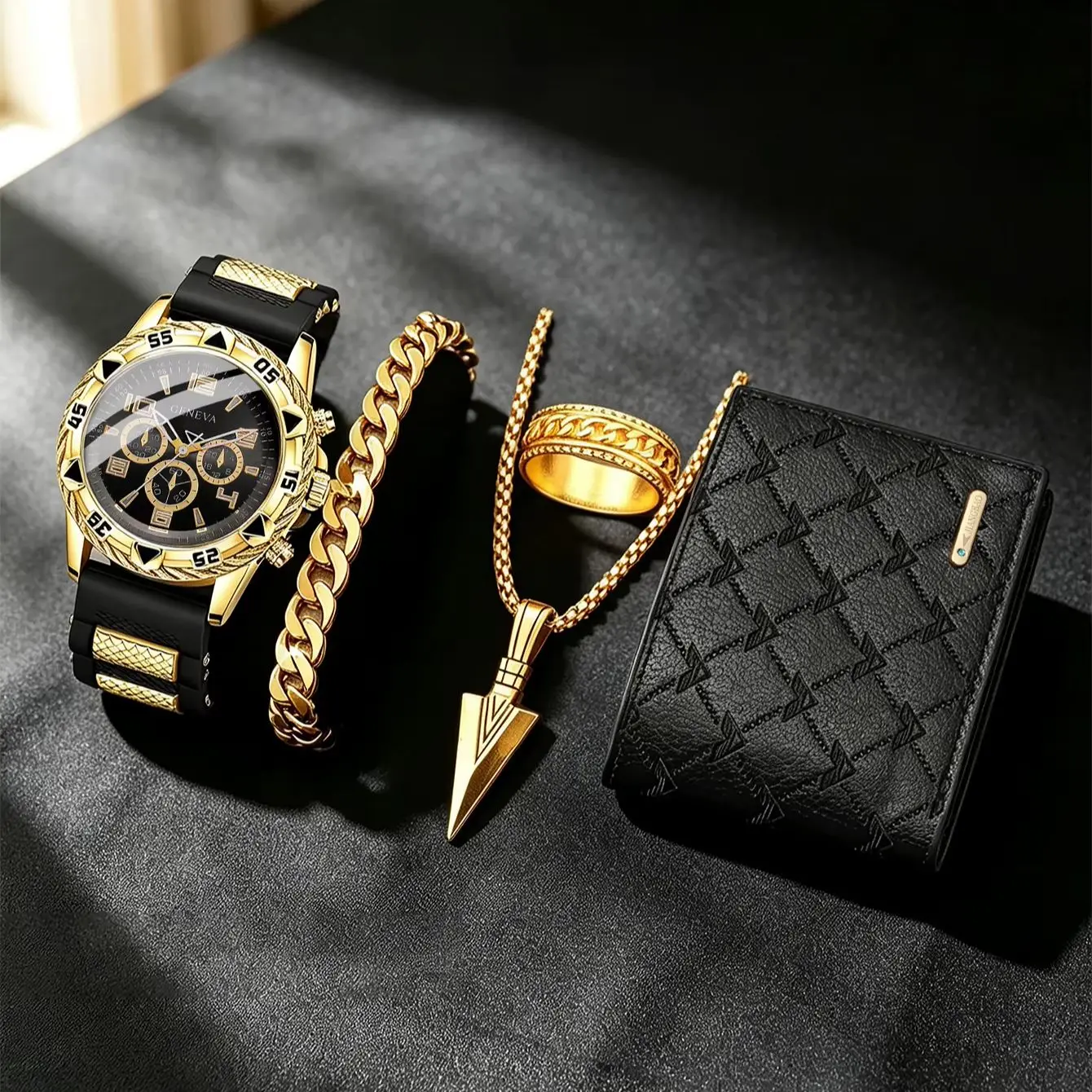 5-Piece Men's Silicone Quartz Watch Set, Includes a Vintage Wallet and Gold Accessories, Suitable for Daily Use and Casual Wear, Perfect as a Gift Choice.