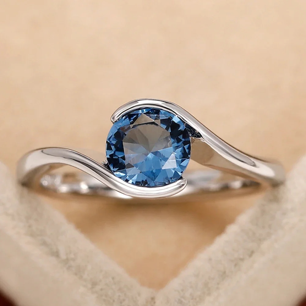 Huitan luksusowe pierścionki damskie Solitaire Band z niebieską cyrkonią sześcienną proste i eleganckie obrączki ślubne dla nowożeńców 2022 modna biżuteria — zdjęcie 2