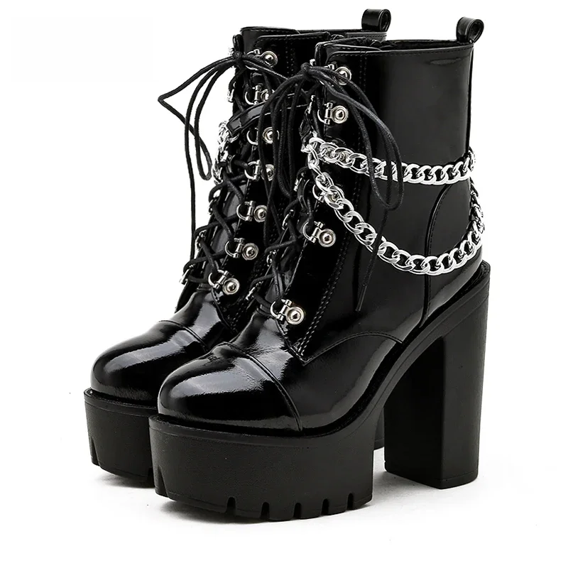 Gdgydh – chaussures gothiques noires pour femmes, bottines à talons hauts, Sexy, chaîne, Style Punk, bottes en cuir verni pour fête, fermeture éclair