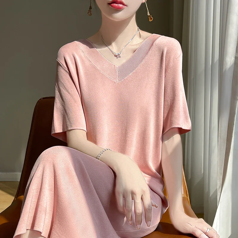 Zomer V-Hals Ijs Zijden Jurk Dames Dunne Koreaanse Stijl Modieuze Losse Effen Kleur Korte Mouwen Lange Rok Top - afbeelding 2