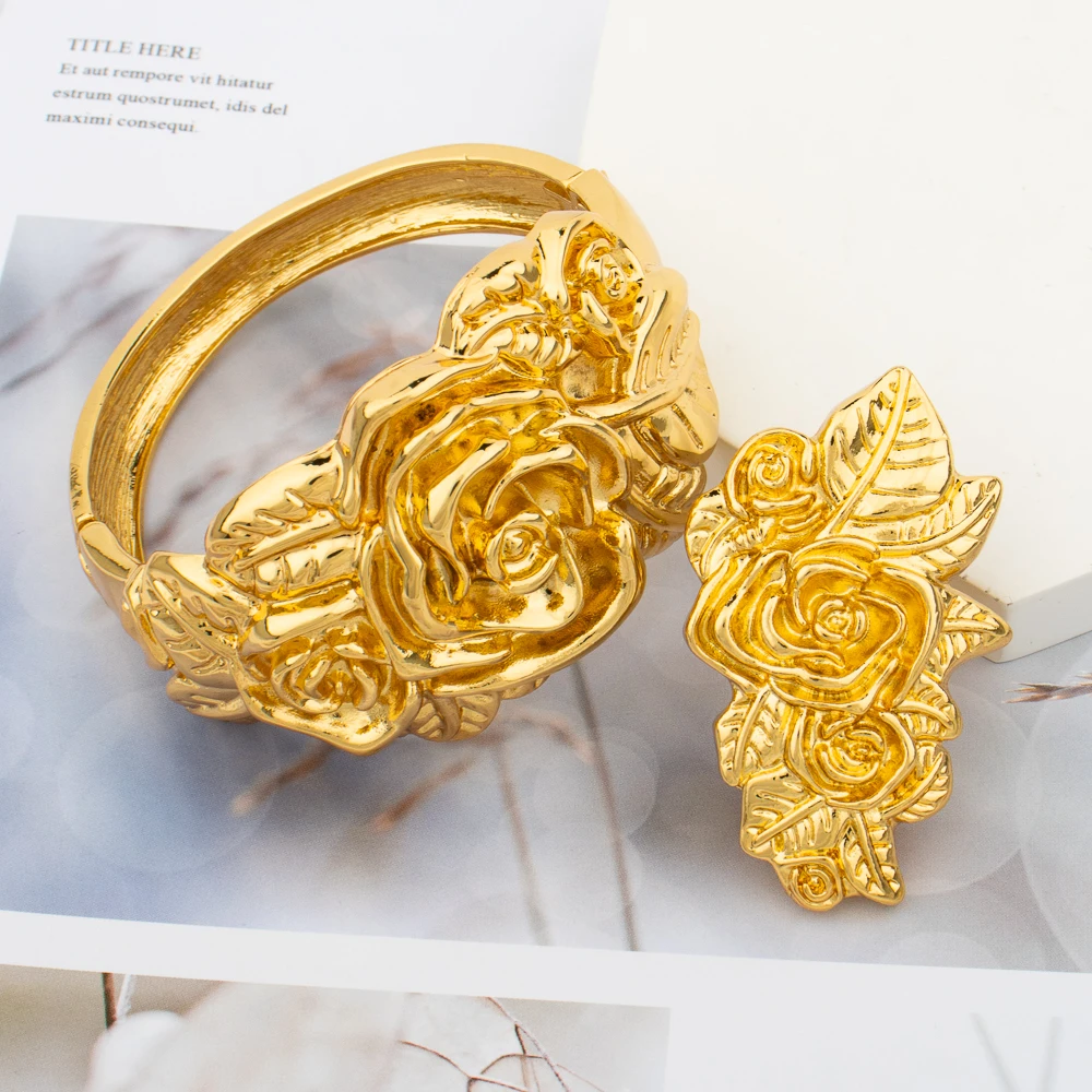 Plated Bangle and Ring Set Fashion Romantic Rose Design Hollow Bracelet  Color Jewelry Accessorie for Weddings