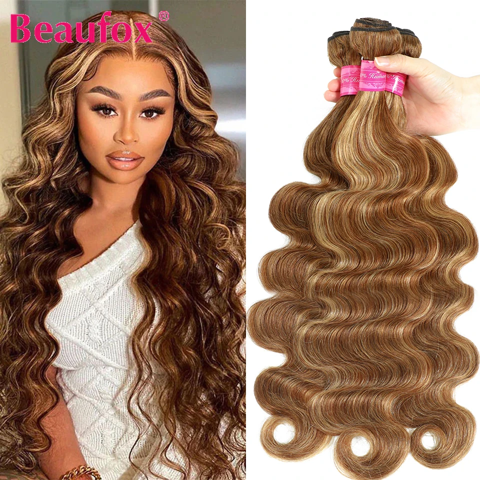 Beaufox Body Wave wiązki ludzkich włosów 3/4 wiązek doczepy z ludzkich włosów brazylijskich falowanych włosów podkreśla Ombre brązowy kolor