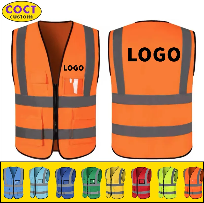 High Visibility Reflective Custom LOGO Fluorescent Safety Vest Workwear for Night Construction Work Uniforms Logo Printing 2022