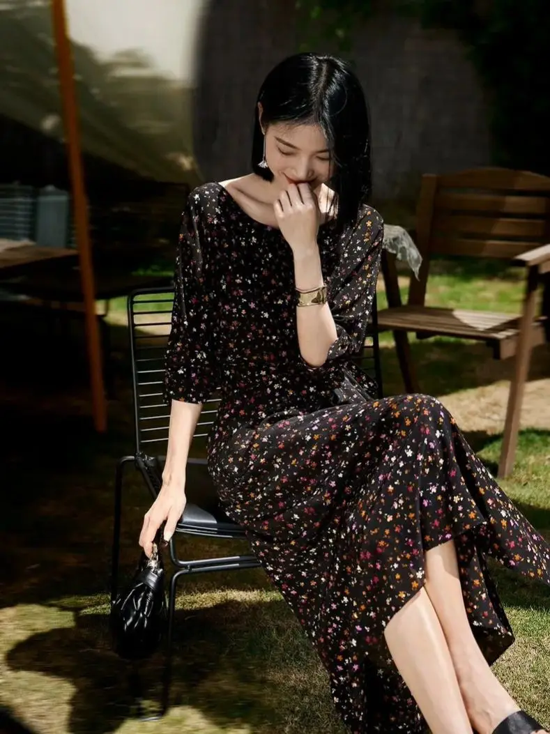 فستان خريفي نسائي خفيف الوزن على الطراز الفرنسي مزين بالزهور #4