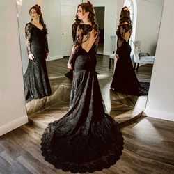 Customized Unique Black Lace Mermaid Wedding Dresses For Women Brides V-Neck Court Train Backless Long Sleeve Bridal Gown Vestid