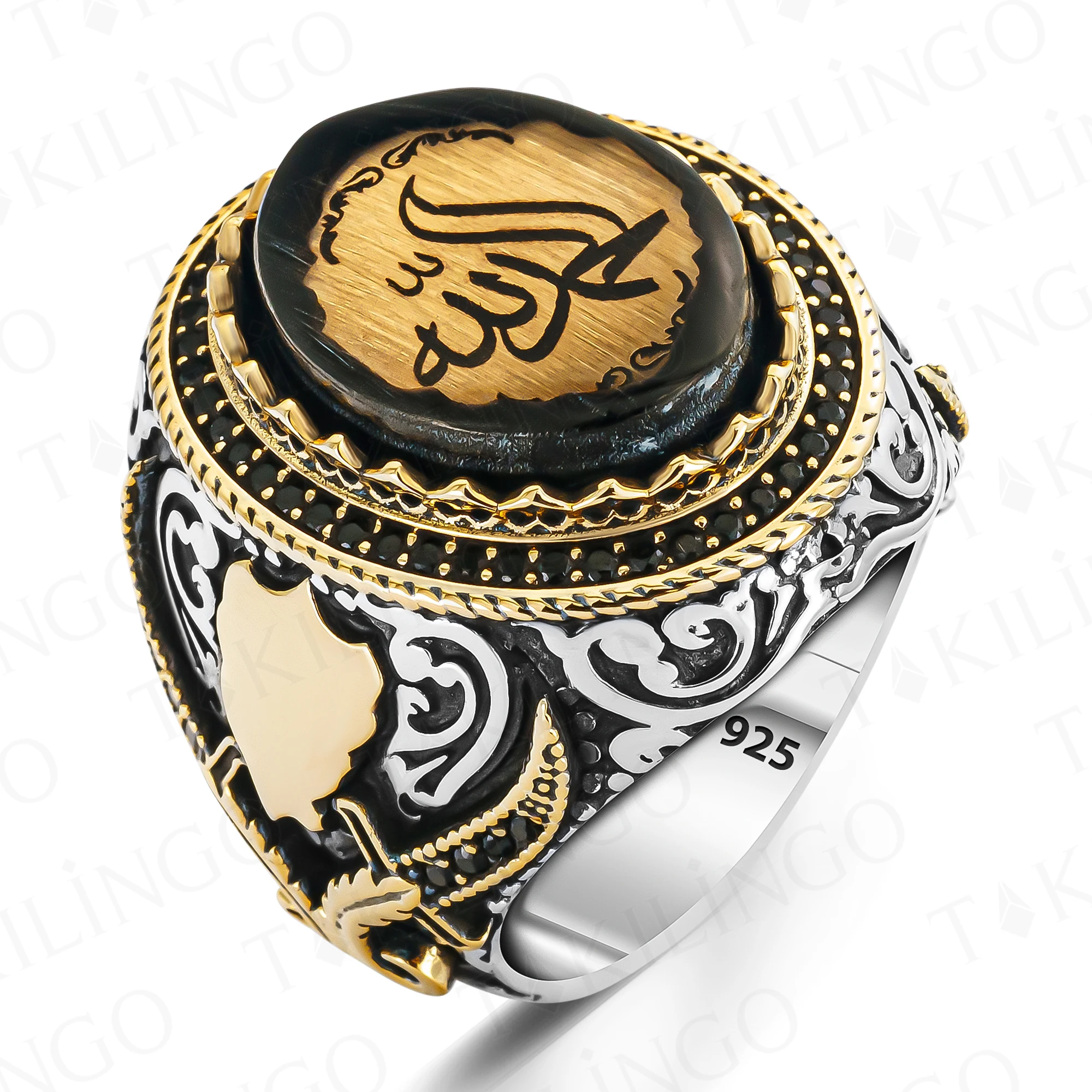 Sword Design 925 Sterling Silver Oval Al- Fatihah Surah Alhamdulillah Written On Amber Men's Ring Turkish Islamic Jewelry Gift