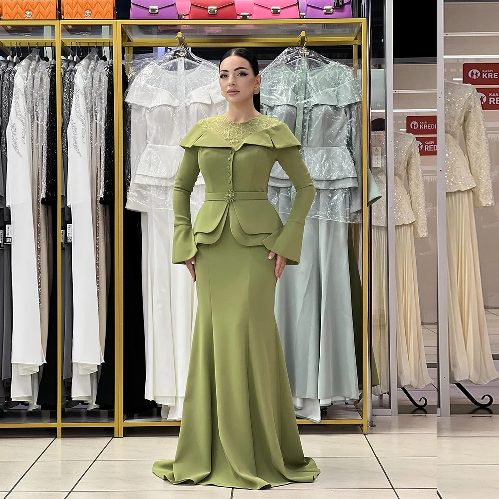 

Customized Mermaid Evening Dresses Lace Neck Flare Sleeve Wedding Guest Dress for Women Tiered Waist Formal Maxi Gowns Long