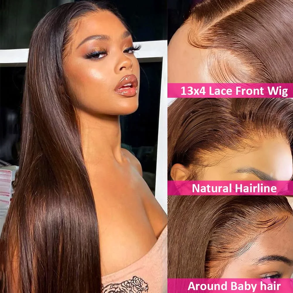 Perruque Lace Front Wig Remy Naturelle, Cheveux Lisses, Brun Chocolat, 13x4, 13x6, pour Femme