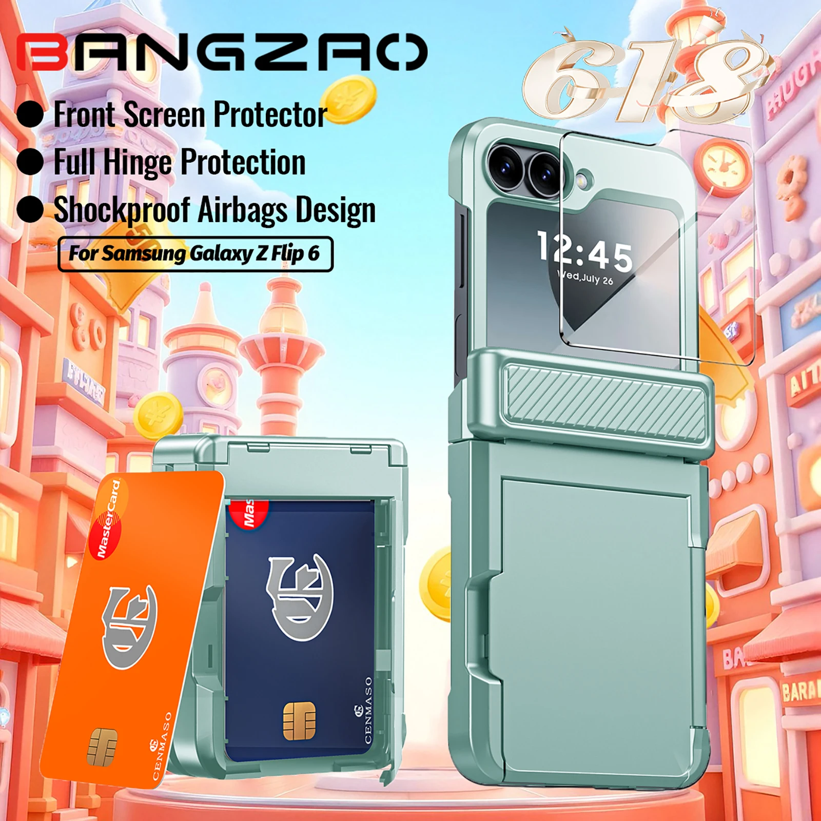 

Чехол для Galaxy Z Flip 6, роскошный держатель для карт 618, дизайн кошелька со встроенной защитной пленкой для экрана, противоударный прочный чехол