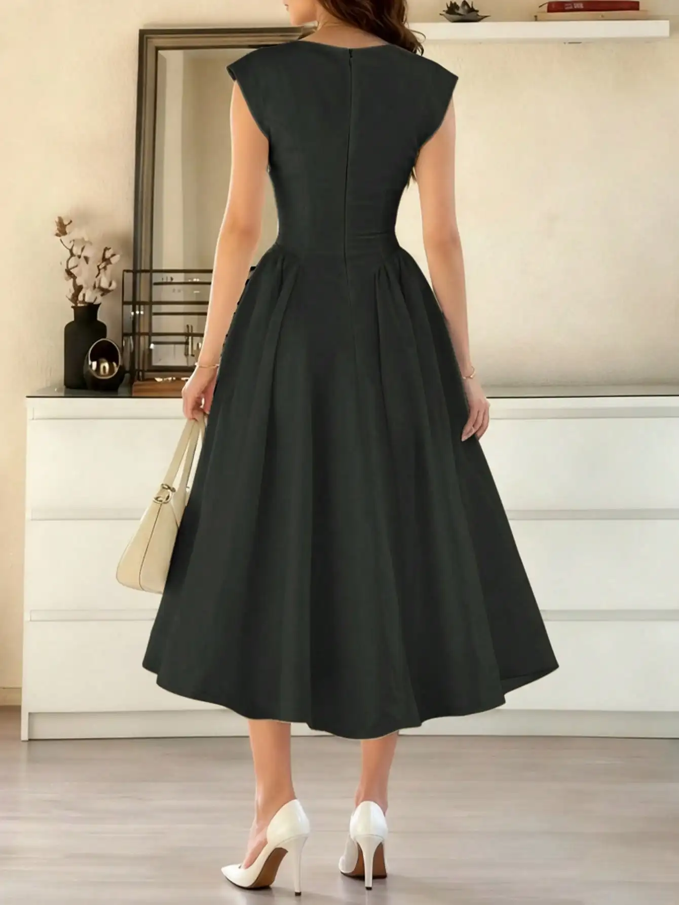 Women’s casual and stylish spring/summer new collection: black, elegant, refined, vintage, romantic, long, puffy dress.