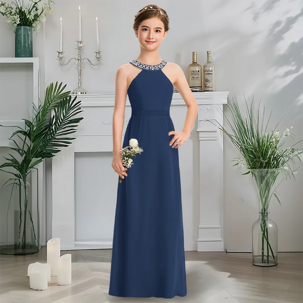 

Elegant A-Line Halter Chiffon Junior Bridesmaid Dress Amethyst Flower Girl Dress Floor-Length Communion Attire With Beaded Bow