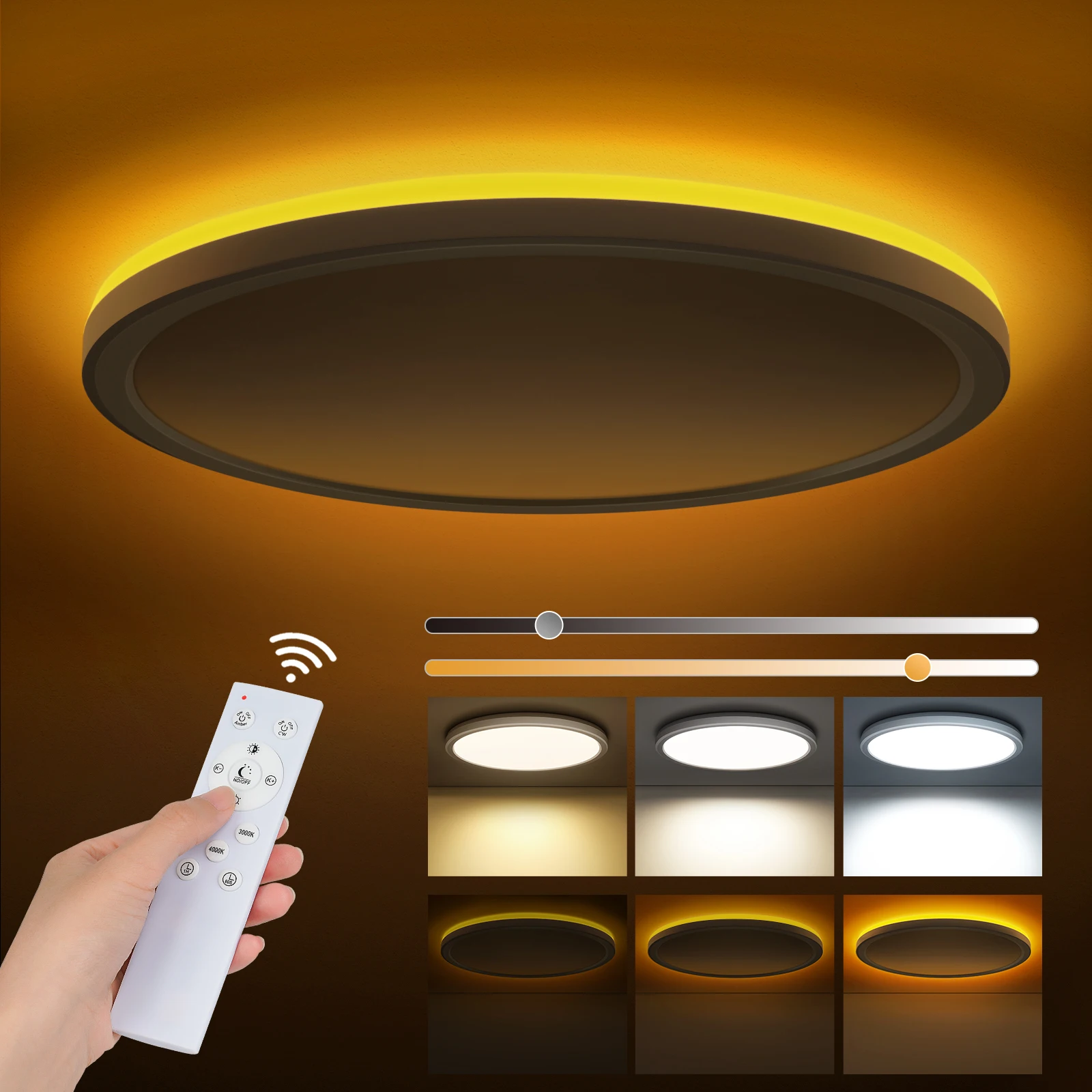 LED-plafondlamp met dimbare afstandsbediening, ultradunne inbouwspot met 3-kleurstemperatuur instelbare verlichting en een 1800K amberkleurig nachtlampje voor woonkamer, slaapkamer en trappenhuis.